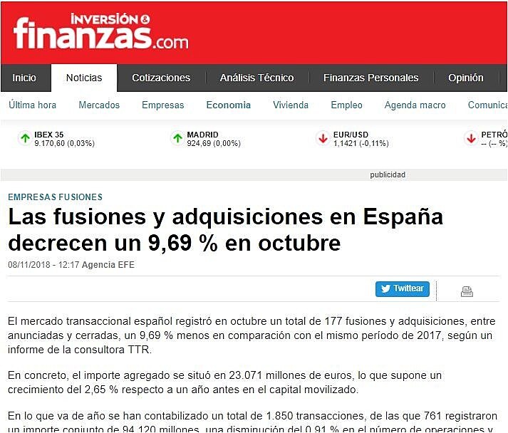 Las fusiones y adquisiciones en Espaa decrecen un 9,69 % en octubre